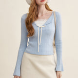 Kroche 2510 细绞花假两件拼接修身针织衫 浅蓝