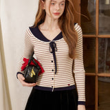 Kroche 2501 蝴蝶结系带 海军领条纹针织开衫