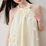 Kroche 2408 立体花淡黄挂脖连衣裙 短款