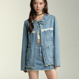 SOMESOWE SS2404 蕾丝拼接破缝须边牛仔外套 蓝