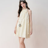 Kroche 2408 立体花淡黄挂脖连衣裙 短款