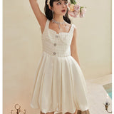 DIANA VEVINA 水钻格纹吊带拼接连衣裙 米