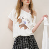 Kroche 2507 腊肠小狗 慵懒亲肤棉质斜肩短袖