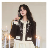 DIANA VEVINA 小香风撞色珍珠链条开衫 棕