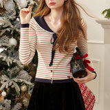 Kroche 2501 蝴蝶结系带 海军领条纹针织开衫