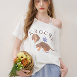 Kroche 2507 腊肠小狗 慵懒亲肤棉质斜肩短袖