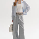 Kroche 2509 格纹花边拼接抽绳阔腿休闲卫裤 灰