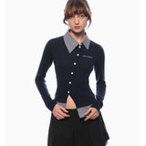 ANN ANDELMAN 2510 拼接假两件毛织开衫 藏蓝