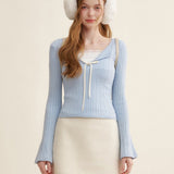 Kroche 2510 细绞花假两件拼接修身针织衫 浅蓝