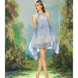 KINGWEN 2506 睡莲印花挂脖连衣裙 蓝