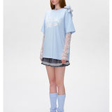 13DE MARZO | 2503 Bear Layered Lacy T-shirt Light blue