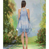 KINGWEN 2506 睡莲印花挂脖连衣裙 蓝