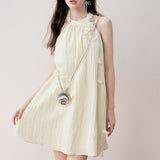 Kroche 2408 立体花淡黄挂脖连衣裙 短款