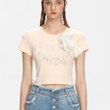 13DE MARZO | SS2404 Rhinestone Heart Logo Tee Pink