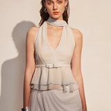 KINGWEN 2509 蓝色收腰挂脖飘带上衣