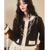 DIANA VEVINA 小香风撞色珍珠链条开衫 棕