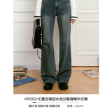 Kroche 2409  复古做旧水洗分割牛仔长裤