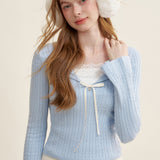 Kroche 2510 细绞花假两件拼接修身针织衫 浅蓝