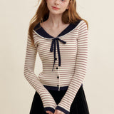 Kroche 2501 蝴蝶结系带 海军领条纹针织开衫