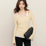 Kroche SS2401 假两件貂绒拼接针织打底 杏