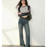 Kroche 2409  复古做旧水洗分割牛仔长裤