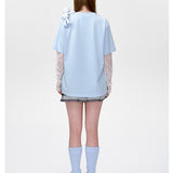 13DE MARZO | 2503 Bear Layered Lacy T-shirt Light blue