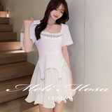 MeliMosa SS2309 假两件方领百褶连衣裙 白