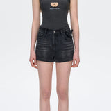 13DE MARZO | 2504 Denim Frayed Embroidered Shorts Black