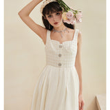 DIANA VEVINA 水钻格纹吊带拼接连衣裙 米