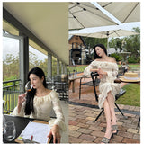 DIANA VEVINA 一字肩荷叶边大翻领蕾丝连衣裙