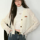 Kroche SS2310 破洞毛边V领宽松针织开衫 白