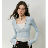 Kroche SS2311 拼接假两件v领针织衫 蓝