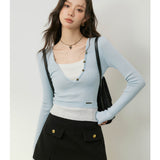 Kroche SS2311 拼接假两件v领针织衫 蓝