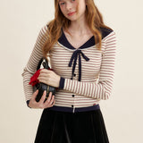 Kroche 2501 蝴蝶结系带 海军领条纹针织开衫