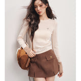 Kroche SS2312 袖口拼色圆领羊毛针织衫 杏