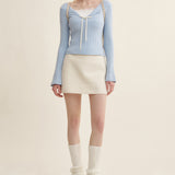 Kroche 2510 细绞花假两件拼接修身针织衫 浅蓝