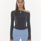 REST & RECREATION 2411 ONE SHOULDER LONG SLEEVE TOP-CHARCOAL