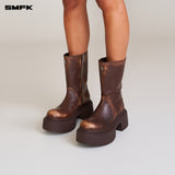 SMFK 2506 雕像手工擦色皮质马靴女鞋 野马棕