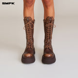 SMFK 2506 幻影手工擦色皮质高筒机车靴女鞋 野马棕