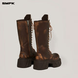 SMFK 2506 幻影手工擦色皮质高筒机车靴女鞋 野马棕