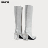 SMFK 2504 舞台皮质高筒靴女鞋/星空银
