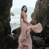 SHEER LUCK 2502 轻奢手工珠花修身包裹式缎面吊带裙 干枯玫瑰