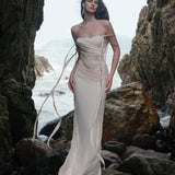 SHEER LUCK 2502  珠链飘带性感气质包臀抹胸鱼尾连衣裙 奶油杏