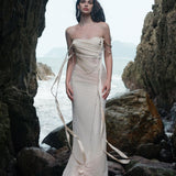 SHEER LUCK 2502  珠链飘带性感气质包臀抹胸鱼尾连衣裙 奶油杏