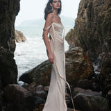 SHEER LUCK 2502  珠链飘带性感气质包臀抹胸鱼尾连衣裙 奶油杏