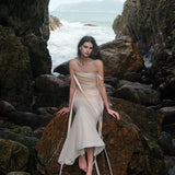 SHEER LUCK 2502  珠链飘带性感气质包臀抹胸鱼尾连衣裙 奶油杏