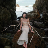 SHEER LUCK 2502  珠链飘带性感气质包臀抹胸鱼尾连衣裙 奶油杏