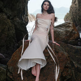 SHEER LUCK 2502  珠链飘带性感气质包臀抹胸鱼尾连衣裙 奶油杏