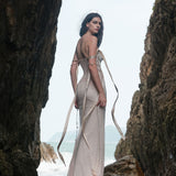 SHEER LUCK 2502  珠链飘带性感气质包臀抹胸鱼尾连衣裙 奶油杏