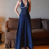 SHEER LUCK 2502 法式V领镂空收腰挂脖连衣裙 暮色蓝